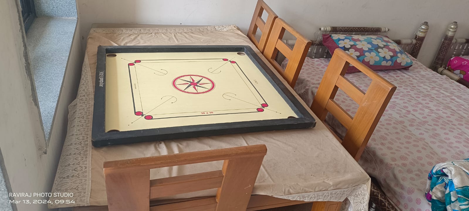Carrom board game setup for recreational activities